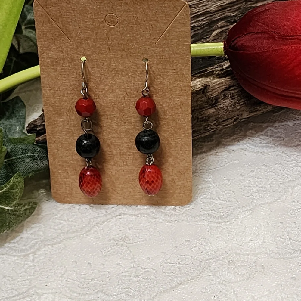 Boho Red and Black Beaded Dangle Drop Hook Earrings